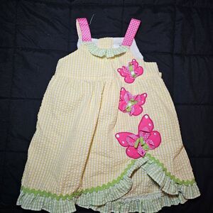 Rare Editions Yellow Checkered Seersucker Sundress Pink Butterfly Appliqués 12M